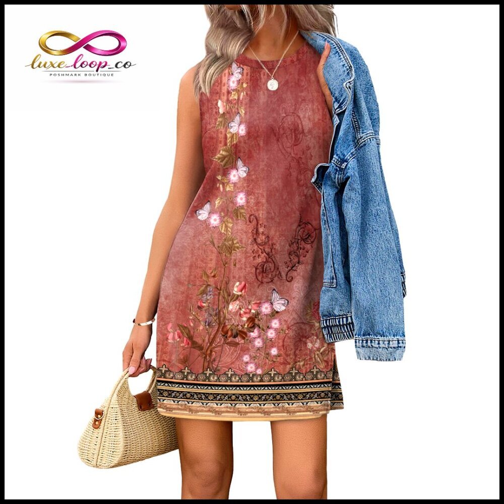 Boho Sleeveless Tank Dress Casual Summer A-Line Crewneck Swingy Hem